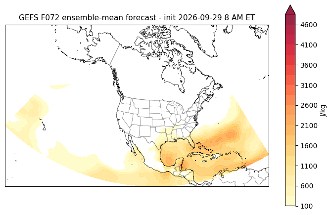 F072 ensemble-mean forecast. S/S = ensemble spread / actual RMSE (1.0 = calibrated; <1 overconfident). GEFS cape F072 forecast