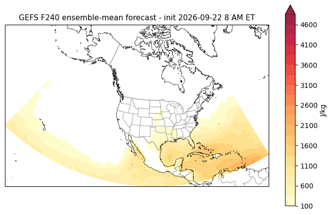 F240 ensemble-mean forecast. S/S = ensemble spread / actual RMSE (1.0 = calibrated; <1 overconfident). GEFS cape F240 forecast