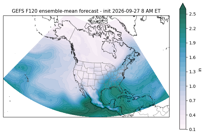 F120 ensemble-mean forecast. S/S = ensemble spread / actual RMSE (1.0 = calibrated; <1 overconfident). GEFS pwat F120 forecast