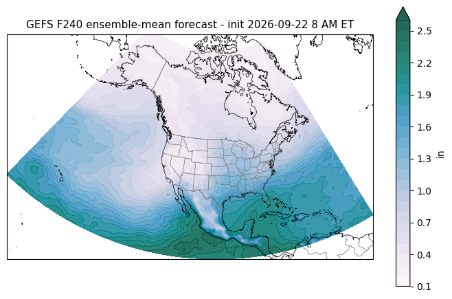 F240 ensemble-mean forecast. S/S = ensemble spread / actual RMSE (1.0 = calibrated; <1 overconfident). GEFS pwat F240 forecast