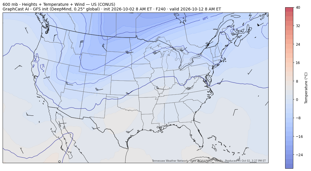 Current 600 mb Temperature (melt layer) composite map